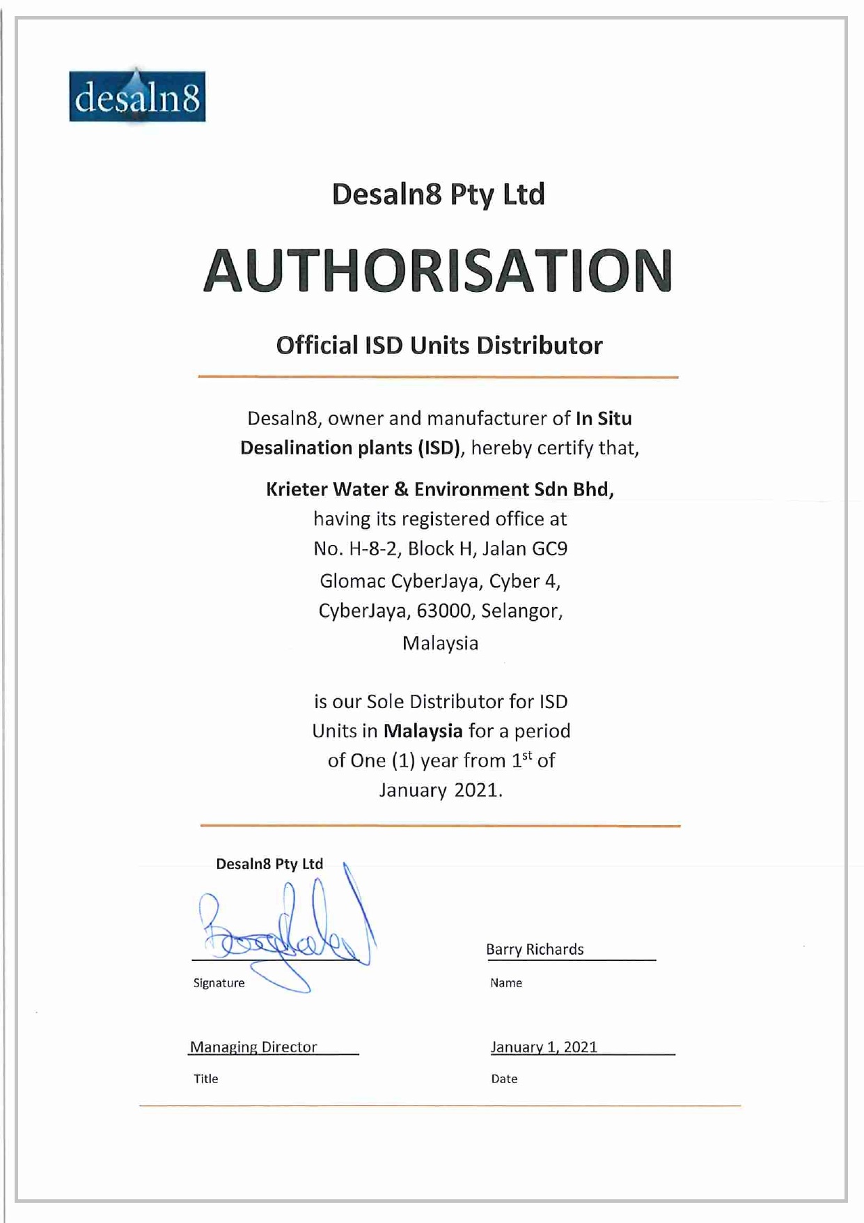 MALAYSIA - ISD units Distributor Certificate_Desaln8 Pty Ltd signed_page